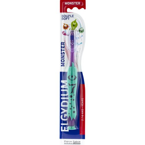 Elgydium Monster Soft Toothbrush 2/6 Years Γαλάζιο - Μωβ Χειροκίνητη Οδοντόβουρτσα με Απαλές Ίνες για Πλήρη Καθαρισμό για Παιδιά από 2 έως 6 Ετών 1 Τεμάχιο